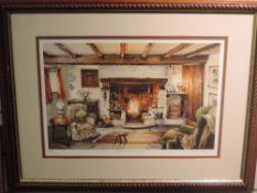 A print, after Judy Boyes, Inside a Lakeland Farmhouse, signed , 26 x 39cm, plus frame and glazed