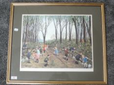 A print, after Tom Dodson, class day trip, signed, 37 x 45cm, plus frame and glazed