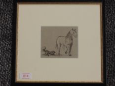 A pen and ink sketch, attributed to Harriet Anne Seymour, dog and horse, 9 x 11cm, plus frame and