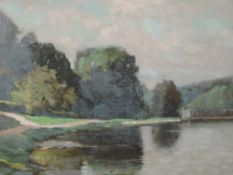 An oil painting, Charles Houben, parkland and lake landscape, 47 x 72cm, plus frame and glazed
