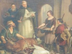 An oil painting, stag and game proclamation, C19th, 57 x 72cm, plus frame