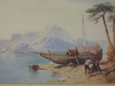 A watercolour, Thomas Miles Richardson, Continental Lake landscape, signed, 21 x 30cm, plus frame