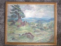 An oil painting on board, Wydenbruck, landscape,38 x 47cm, plus frame, and an etching, rural road,
