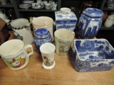 A mixture of vintage and antique ceramics including blue and white Maling planter, novelty mugs