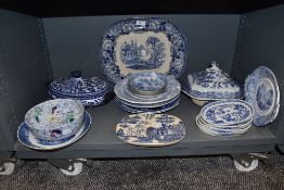 A selection of various blue and white wear ceramics including meat charger, drainer and tureen etc