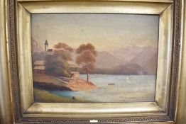 A naive oil on board of a port scene in gilt and gesso frame