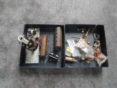 Two boxes of Steam Model Parts and Accessories including part built steam plant on stand, copper