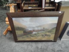 A framed print, LMS The Royal Scot 6100 with eleven carriages, in action passing through the