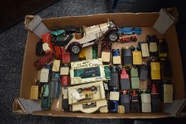 A box of playworn diecasts including early Dinky Royal Mail Van and Riley 40A, modern Matchbox and