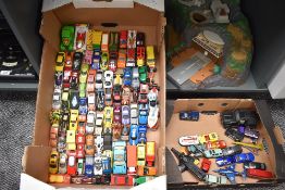 Two boxes of mixed vintage Corgi, Matchbox, Majorette and later playworn Diecasts along with a