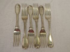 Six Victorian silver dinner forks of fiddle back and thread pattern, London 1856, Elizabeth Eaton,