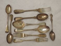 A selection of Georgian silver flatware including dessert & tea spoons and forks of fiddle back form