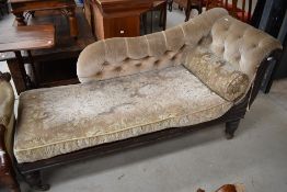 A 19th Century mahogany chaise longue having dralon button upholstery and later removable seat