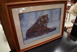 A printer after Jonathon Truss, Tiger in the Snow in light mahogany effect frame
