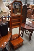 A modern red stain pine cheval mirror having deep drawer base with Georgian effect handle