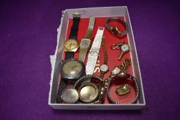 A selection of wristwatches and a pocket watch including Pulsar, Timex and Bulova