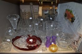 A large lot of mixed glass including vases, rose bowl and jugs.