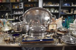 An array of plated ware including tray,serving dishes, knife rests and more.