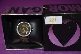 A lady's black fashion wrist watch by Morgan having diamante decoration