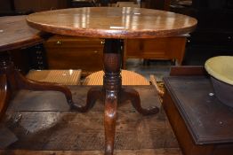 A 19th Century oak pedestal table, cut down height, having circular top over turned column and
