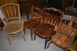 Four assorted 19th Century and later chairs including spindle back carver