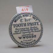 A ceramic paste pot lid Woods Areca Nut Tooth Paste, by W.Woods Chemist Plymouth. Lid in excellent