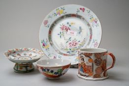 A selection of hard paste ceramics including a Japanese plate and incense stand with decorative