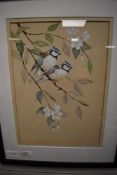 An original gouache painting of a pair of blue tits signed Crank