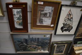 A selection of various ethnic and similar prints including a Chinese porcelain plaque hand decorated