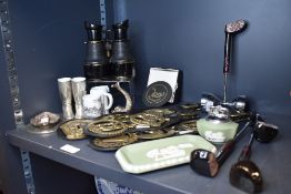 A pair of Kelvin Hughes brass cased binoculars also a selection of hardware including horse brass
