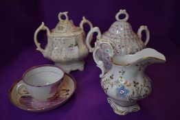 A selection of Victorian lidded serving dishes hand decorated porcelain creamer and a Sunderland