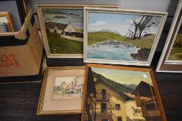 A selection of naive oil paintings on board and similar print