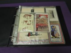 An Album of mainly Military Postcards including Real Photo's, Silks including RFA, East Surrey, Army