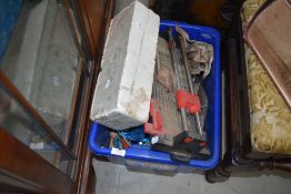 A selection of tools etc including tile cutter and float