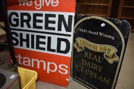 Two metal signs, Green Shield stamps and Cheshire Ice Cream
