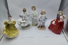 Four figurines, Royal Worcester Lullaby, Coalport Visiting Day (af), Royal Doulton Autumn Breezes