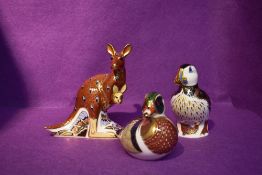 Three Royal Crown Derby Paperweights, The Australian Collection Kangaroo, Puffin and Carolina