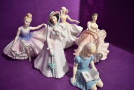 Five Royal Doulton figure studies, Sweet Seventeen HN2734 (AF), Julia HN2706, The Polka HN2156,