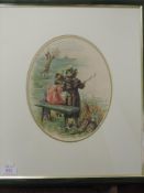 A print, Edwardian children fishing, oval study, 25 x 19cm, plus frame and glazed