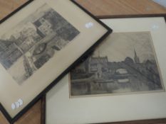 Two etchings, Gent town and similar, indistinctly signed, 20 x 27cm and 18 x 24cm, plus frame and