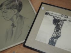 A sketch, Roy, portrait of boy, signed and dated (19)51, 45x 35cm, a print, Christ, 27 x 28cm, and a