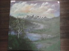 An oil painting, Barrie Carswell, lake and mountains, signed, 60 x 60cm