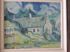 An oil painting on board, David Stephen Budden, cottages, attributed verso, 49 x 59cm, plus frame