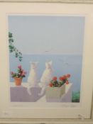A print, after Georgio, coastal cats, indistinctly signed, 35 x 27cm, plus frame and glazed, and a