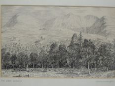 A pen and ink sketch, Alfred Wainwright, The Grey Corries, (Scotland), signed, 12 x 20cm, plus frame
