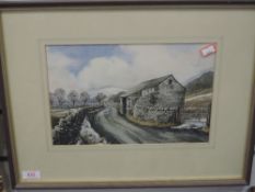 A watercolour, J Ingram Riley, Two barns in Littondale, signed and attributed verso, 20 x 30cm, plus