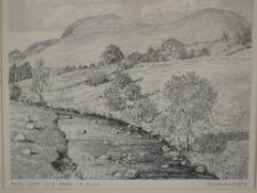 A pen and ink sketch, Alfred Wainwright, Moel Lefn and Moel yr Ogof, (Wales), signed, 18 x 24cm,