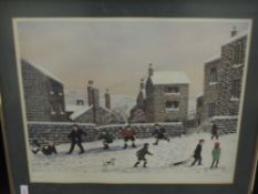 A print after Tom Dodson sledging signed 38 x 46cm plus frame and glazed