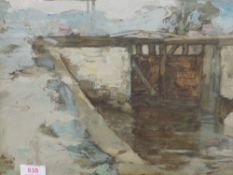 A mixed media oil painting, RS, sluice gates, initialled and dated 1923, SIZE, plus frame and