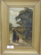 An oil painting, G Leese, cottagers on rustic lane, 21 x 12cm, plus frame and glazed